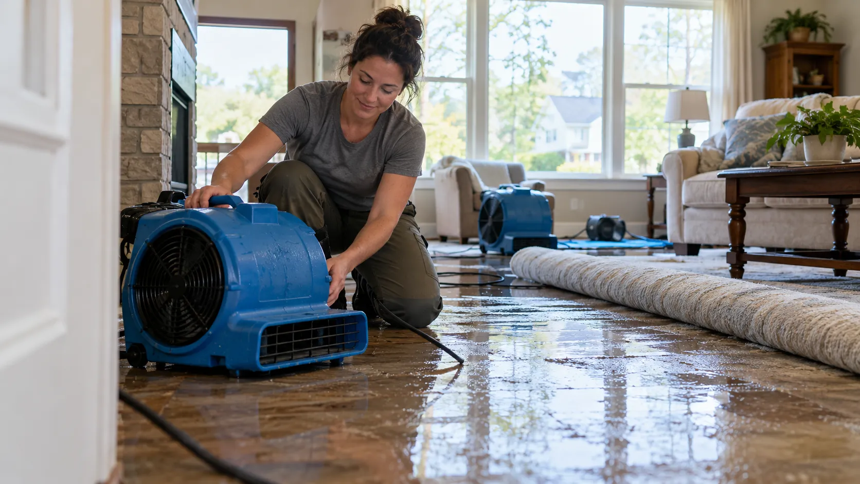 Water damage restoration technician drying a flooded living room in Charleston